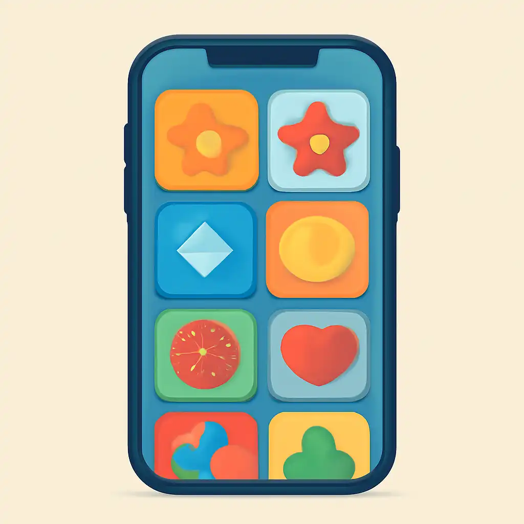 Smartphone shown from the front displaying a colourful flat layout of abstract game icons and rounded tiles, Slot Games