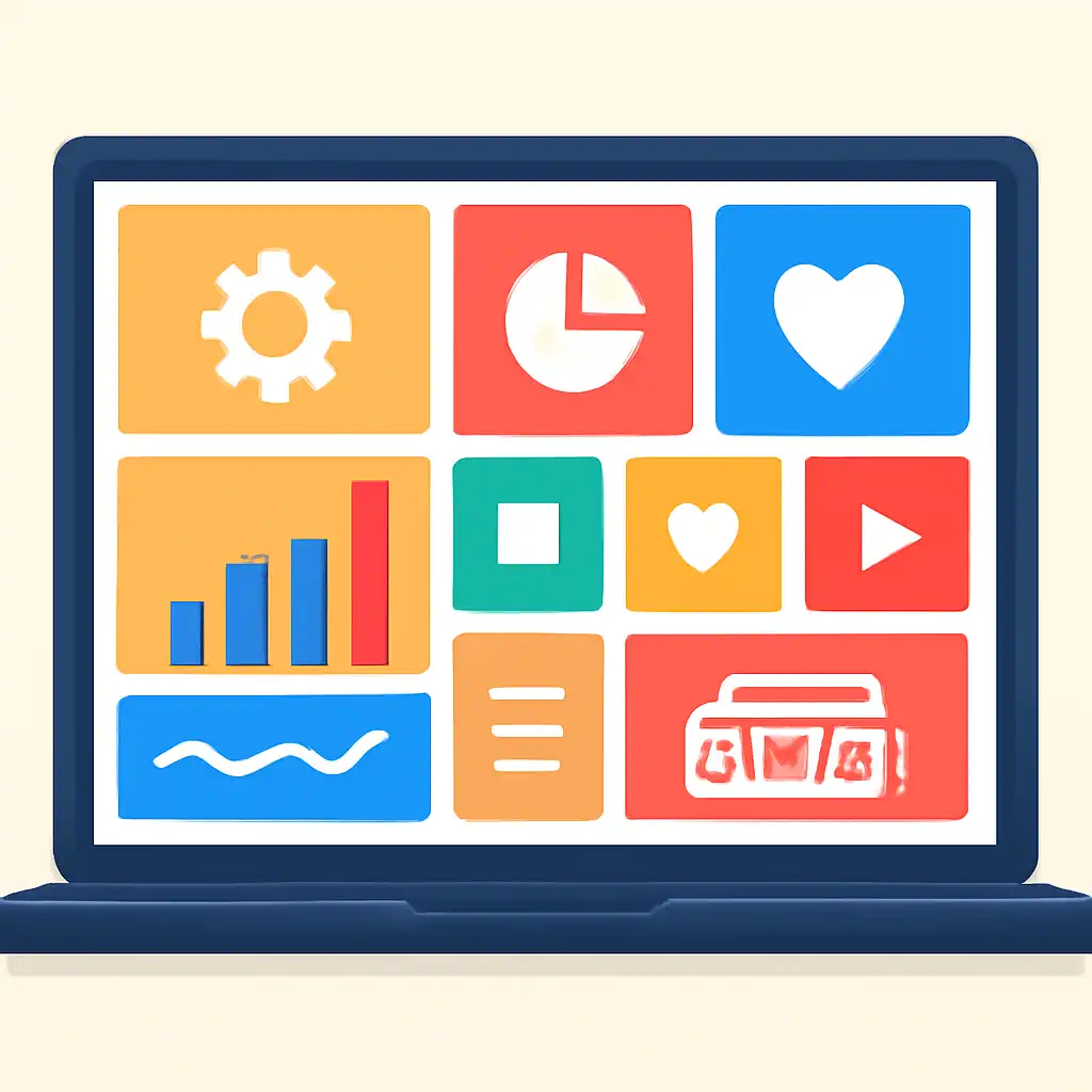 Laptop shown from the front displaying a colourful flat dashboard of abstract charts, bars and icon tiles, Slot Games