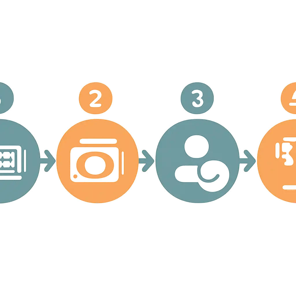 Five numbered circular icons connected by arrows in a horizontal flow, Slot Games steps