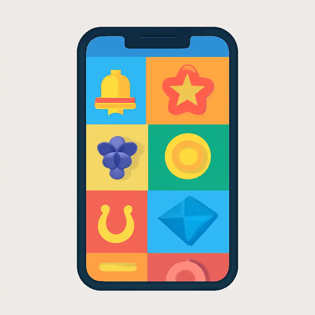 Smartphone shown from the front displaying a colourful flat layout of abstract game icons and rounded tiles, slot games