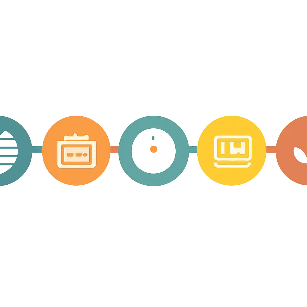Five numbered circular icons connected by arrows in a horizontal flow, slot games: Rules, Timings and Results steps