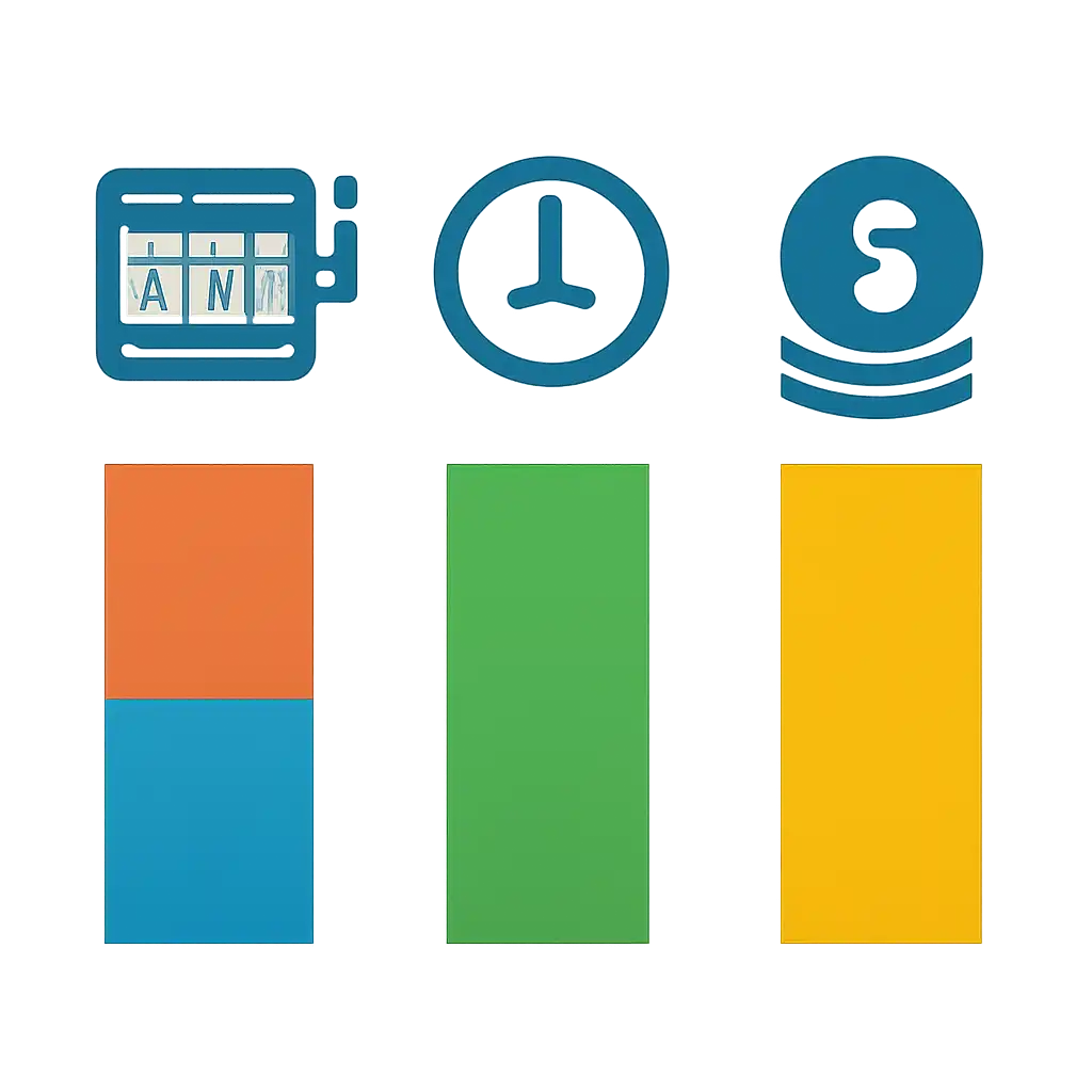 Infographic comparing options using coloured bars and, slot games: Rules, Timings and Results