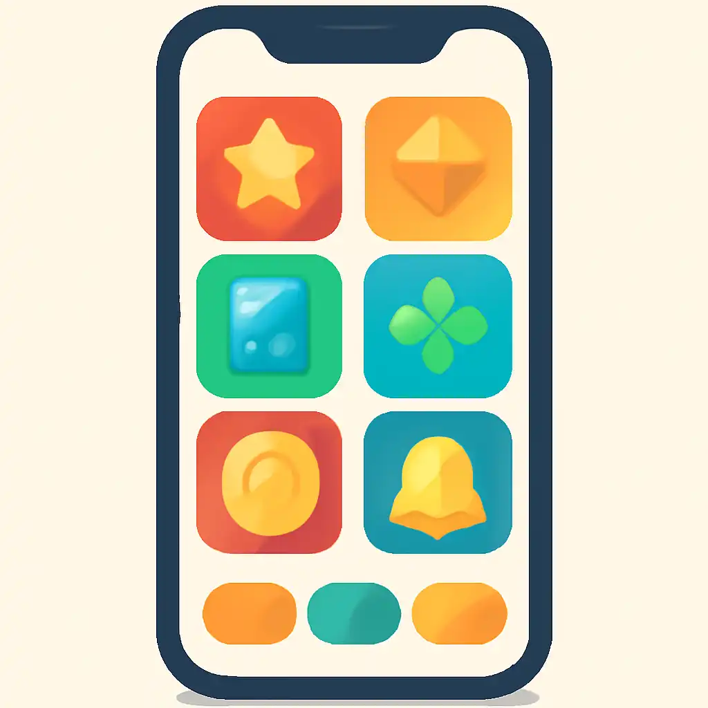Smartphone shown from the front displaying a colourful flat layout of abstract game icons and rounded tiles, What slot