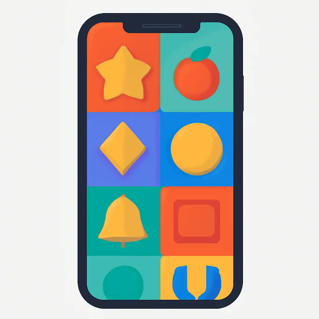 Smartphone shown from the front displaying a colourful flat layout of abstract game icons and rounded tiles, Getting