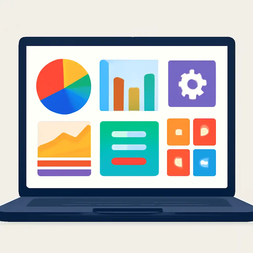 Laptop shown from the front displaying a colourful flat dashboard of abstract charts, bars and icon tiles, Getting Started