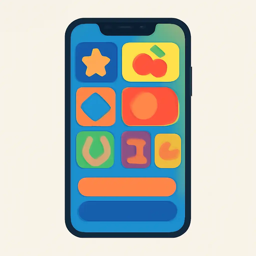 Smartphone shown from the front displaying a colourful flat layout of abstract game icons and rounded tiles, Common