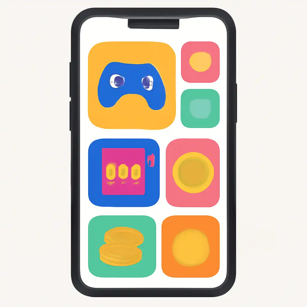 Smartphone shown from the front displaying a colourful flat layout of abstract game icons and rounded tiles, Deposits