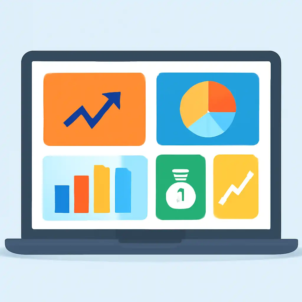 Laptop shown from the front displaying a colourful flat dashboard of abstract charts, bars and icon tiles, Deposits