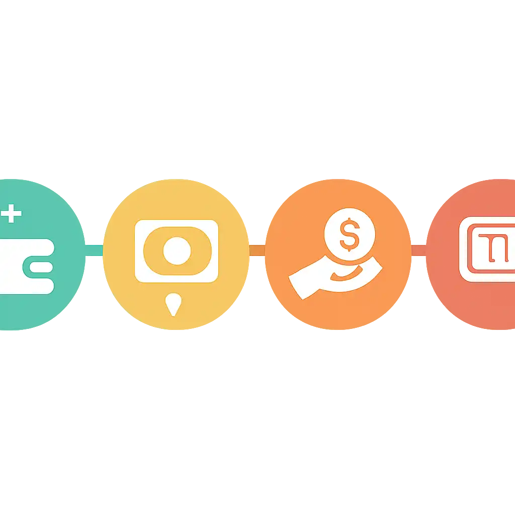 Five numbered circular icons connected by arrows in a horizontal flow, Deposits, Withdrawals and Payouts steps, Slot Games