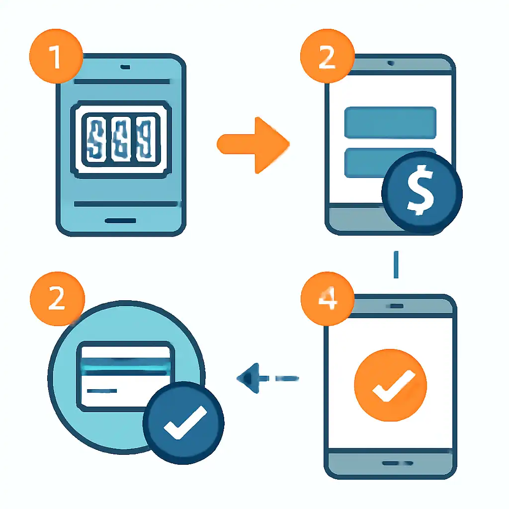 Annotated step diagram: making a first deposit process with numbered callouts, Slot Games