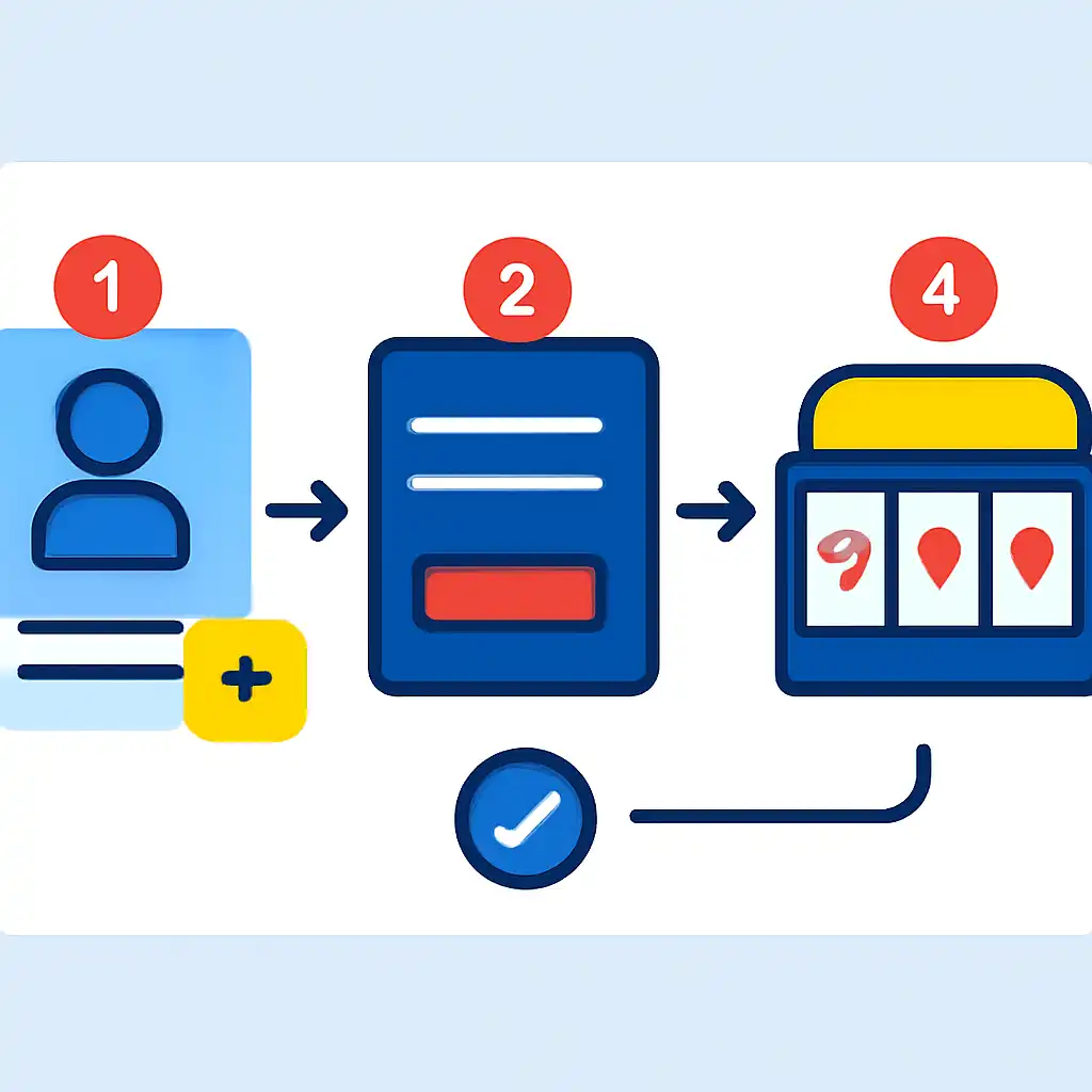 Annotated step diagram: creating an account process with numbered callouts, Slot Games